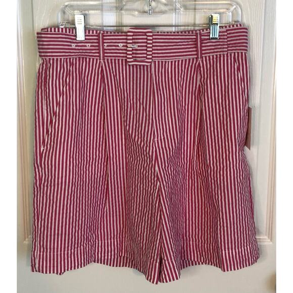 NWT A New Day Pink & White Striped Belted High Rise Shorts - Size Large - Picture 1 of 9